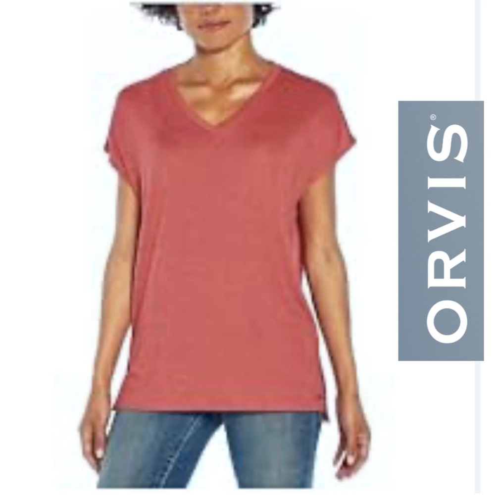 Orvis Women's V-Neck Short Sleeve Relaxed Fit Sweater Top Size Small Red Pink